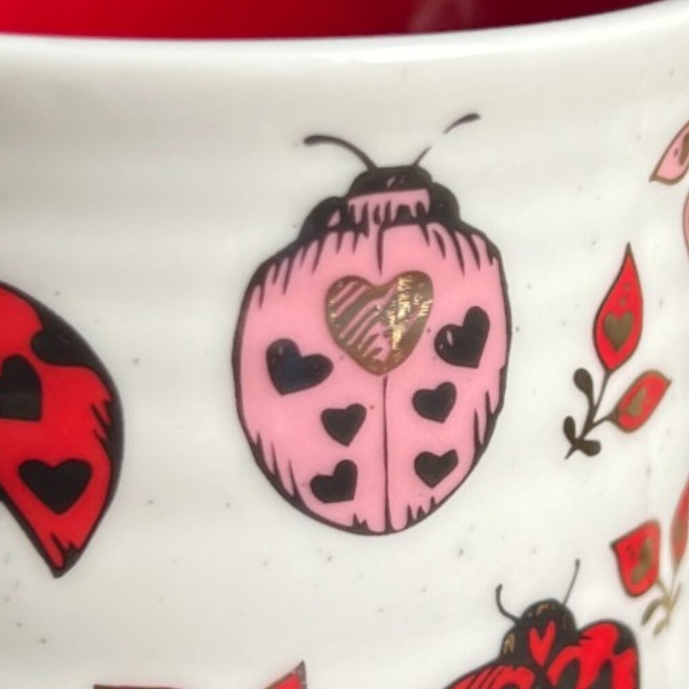 SHEFFIELD HOME Ladybug & Hearts Speckled MUG Sturdy Red Pink Gold 4.5" tall - Picture 8 of 15